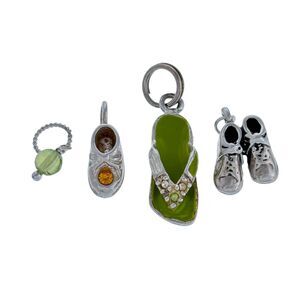 Lot Of 4 Sterling Shoe Charms: Green Glass, Flip Flop, Nov Baby Shoe, Sneakers